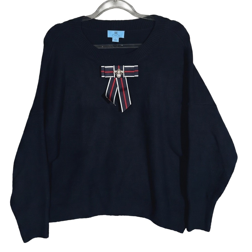 CeCe Bee Bow Sweater Women L Navy Blue Embellished Knit Pullover Long Sleeve